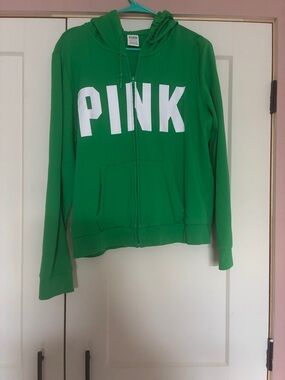 PINK Victoria's Secret Green Full-Zip Hoodie with White Logo